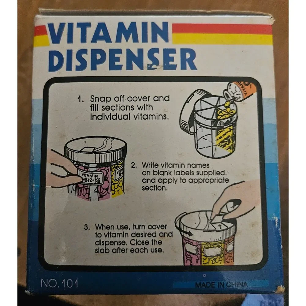 Vintage Vitamin Dispenser Organizer Clear Amber Pill Case 6 Compartment NIB